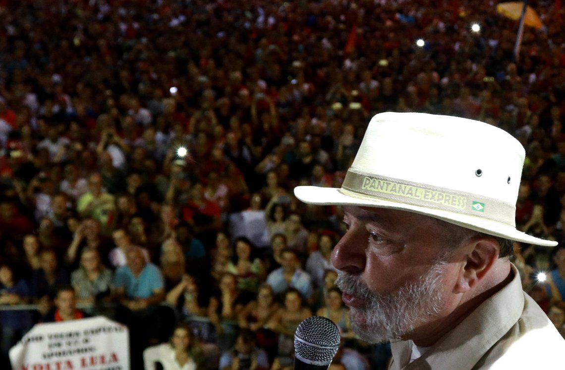 Former Brazilian President Luiz Inacio Lula da Silva attends a rally in Sao Leopoldo