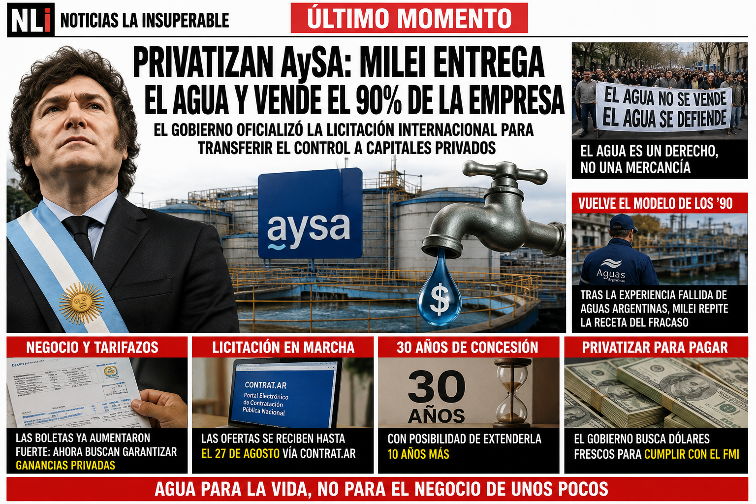 Privatizan AySA: Milei avanza con la entrega del agua y abre una licitación internacional para vender el 90% de la empresa