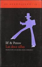 Cubierta del libro 'Las doce sillas' de Ilf y Petrov, con un diseño gráfico que incluye una figura estilizada en morado sobre fondo negro y un título en rojo.