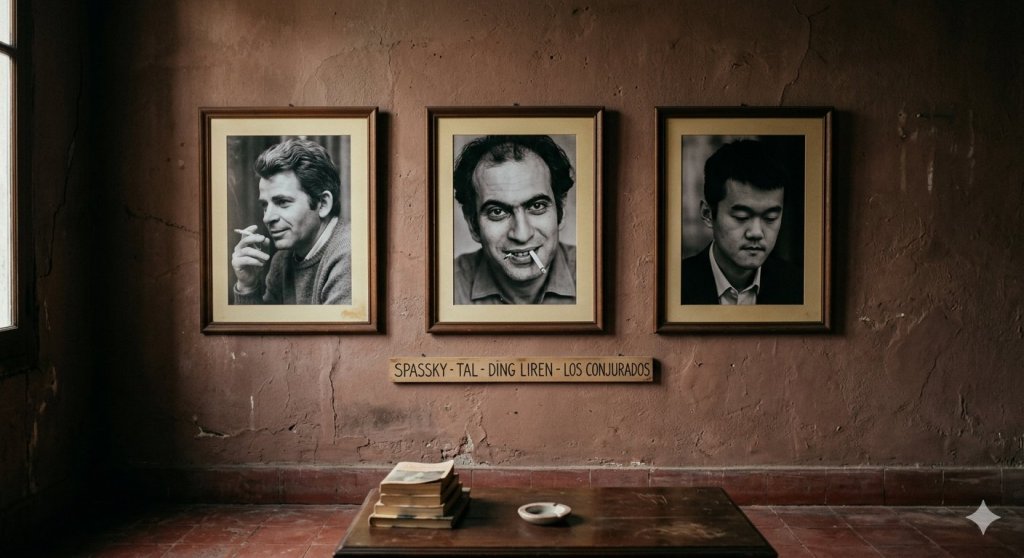 Tres retratos enmarcados de ajedrecistas destacados en una pared de ladrillo, con una mesa y libros en primer plano.
