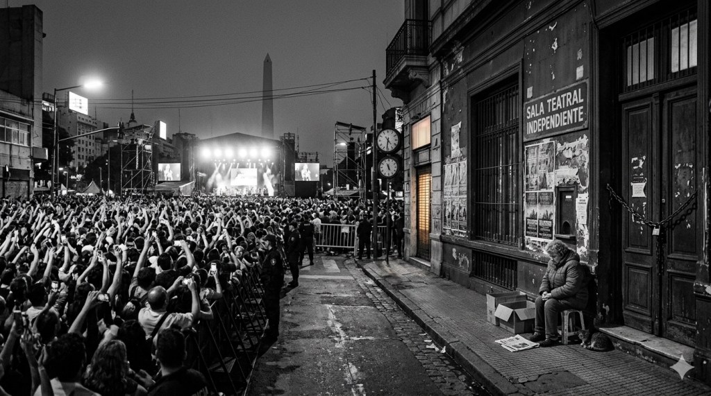 Multitud de personas levantando las manos en un concierto al aire libre, con un obelisco al fondo y un hombre sentado en la acera junto a un edificio antiguo.