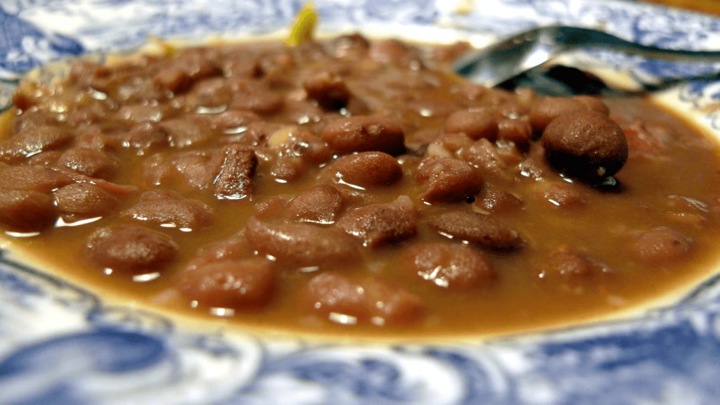 Plato de frijoles marrones en un tazón decorado con un borde azul.