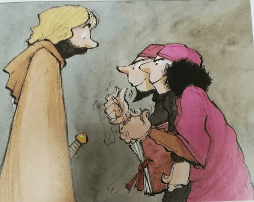 Tres personajes de un cuento, uno con barba y espada, y dos con nariz larga, vestidos con ropas coloridas, en una conversación animada.