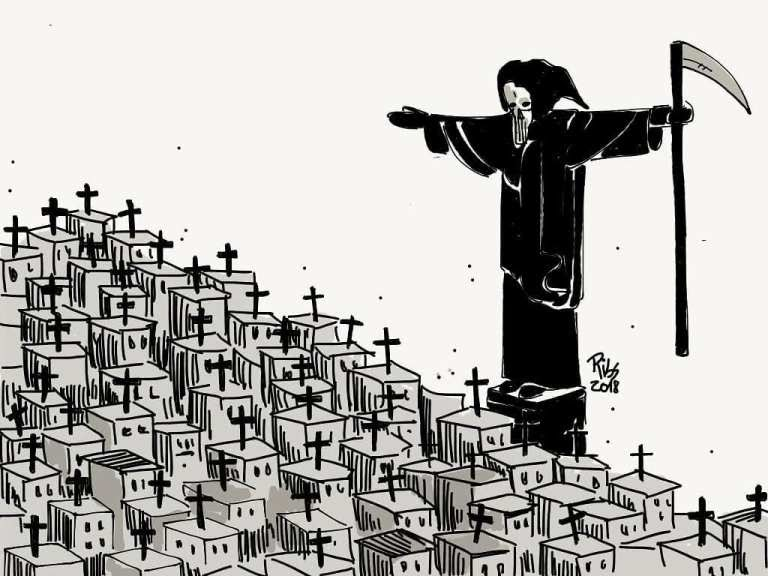 Ilustración de la muerte de pie sobre un grupo de tumbas con cruces, con los brazos extendidos.