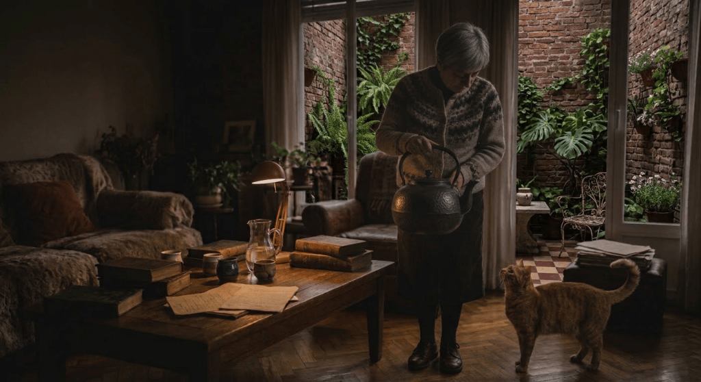Una mujer mayor en un ambiente acogedor sostiene una tetera mientras un gato anaranjado la observa. En el fondo, se puede ver un jardín interior con plantas verdes.