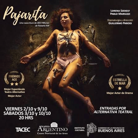 Cartel promocional de la obra 'Pajarita', presentada por Lorena Székely y Pablo Mariuzzi, destacando premios y fechas de presentación en el Teatro Argentino.