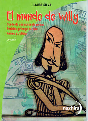Portada del libro 'El mundo de Willy' de Laura Silva, con ilustraciones que representan a personajes de obras de Shakespeare sobre un fondo verde.