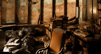 Habitación desordenada con pilas de libros, sillas y bolsas de papel en el suelo.