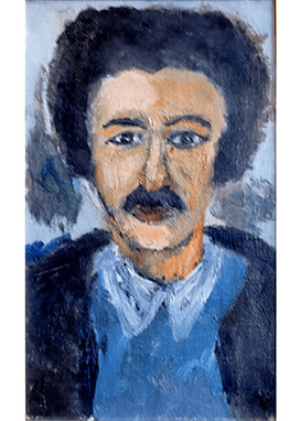 Retrato de un hombre con cabello rizado y oscuro, usando una chaqueta negra y una camisa de color azul claro. El fondo es difuso con tonos oscuros.