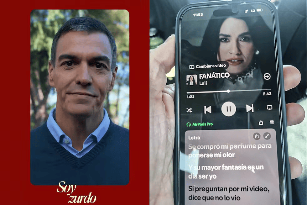 Retrato de un hombre con cabello corto y oscuro, vestido con un suéter azul y camisa, sobre un fondo verde. Incluye un texto que dice 'Soy zurdo'.