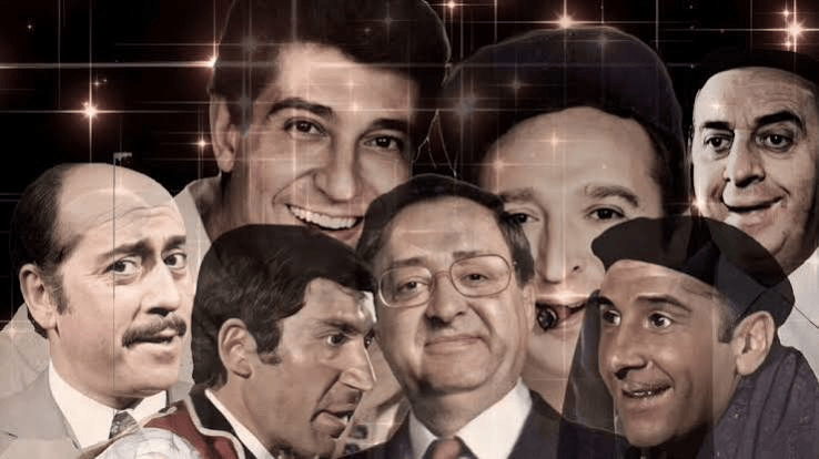 Collage de varios actores cómicos conocidos, mostrando sus rostros y expresiones humorísticas, con fondo brillante.