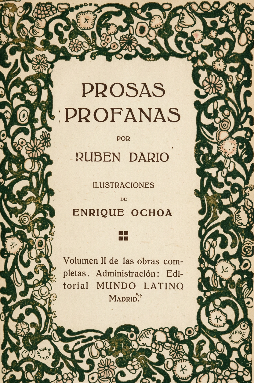 Portada del libro 'Prosas profanas' por Rubén Darío, con ilustraciones de Enrique Ochoa, adornada con un marco floral.