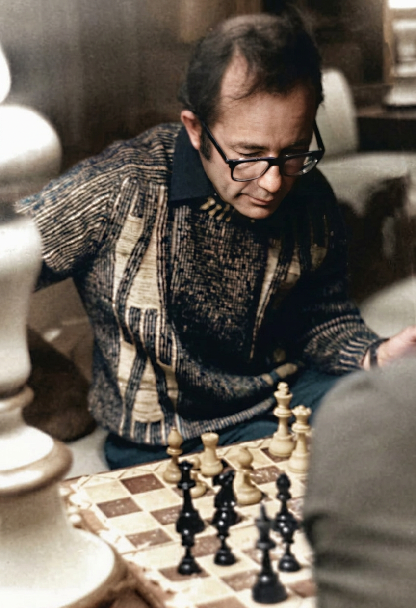 Un hombre está jugando ajedrez, concentrado en el tablero, con un suéter de patrón colorido y gafas.