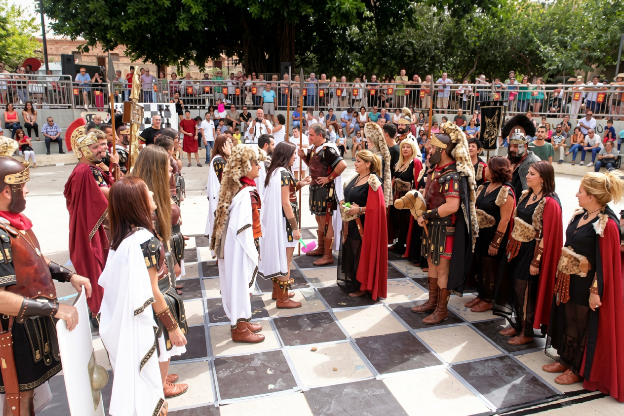 Ajz Un grupo de actores vestidos como romanos en una representación teatral, con un escenario que simula un tablero de ajedrez y una multitud de espectadores al fondo.