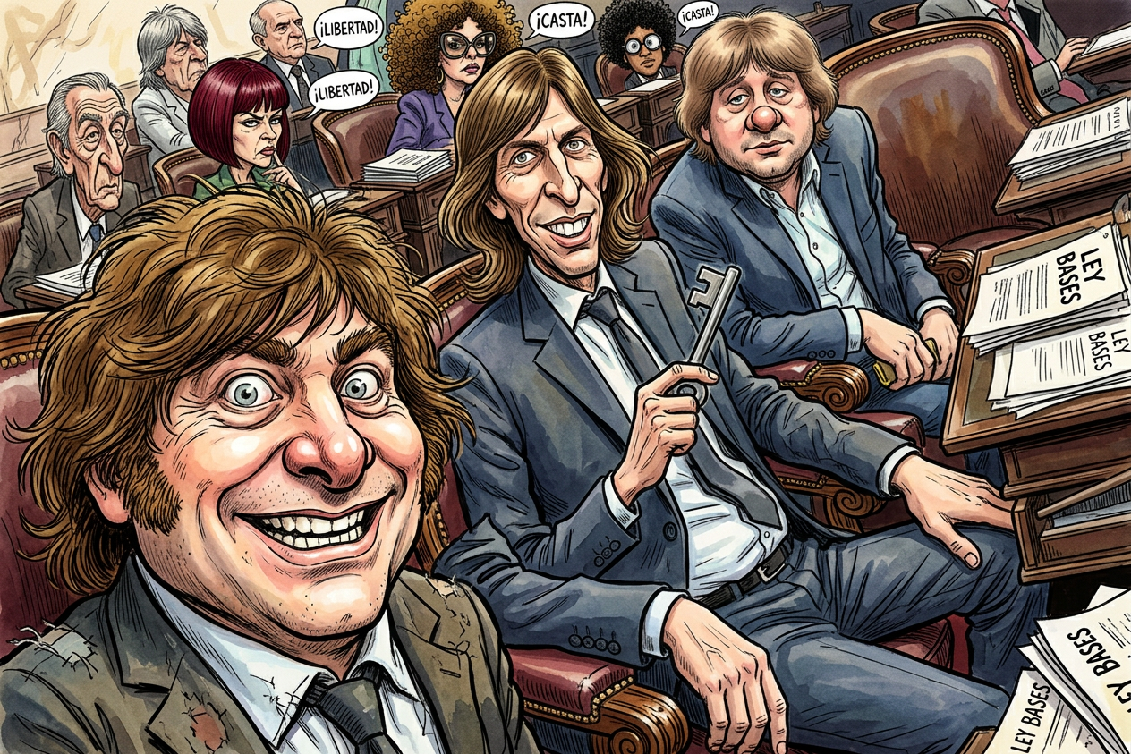 image Ilustración de una escena en un ámbito legislativo con personajes caricaturescos. Dos hombres sonrientes en primer plano, uno sostiene una llave, mientras que en el fondo hay otros asistentes con diferentes expresiones. Se observan documentos titulados 'LEY BASSES' en la mesa.