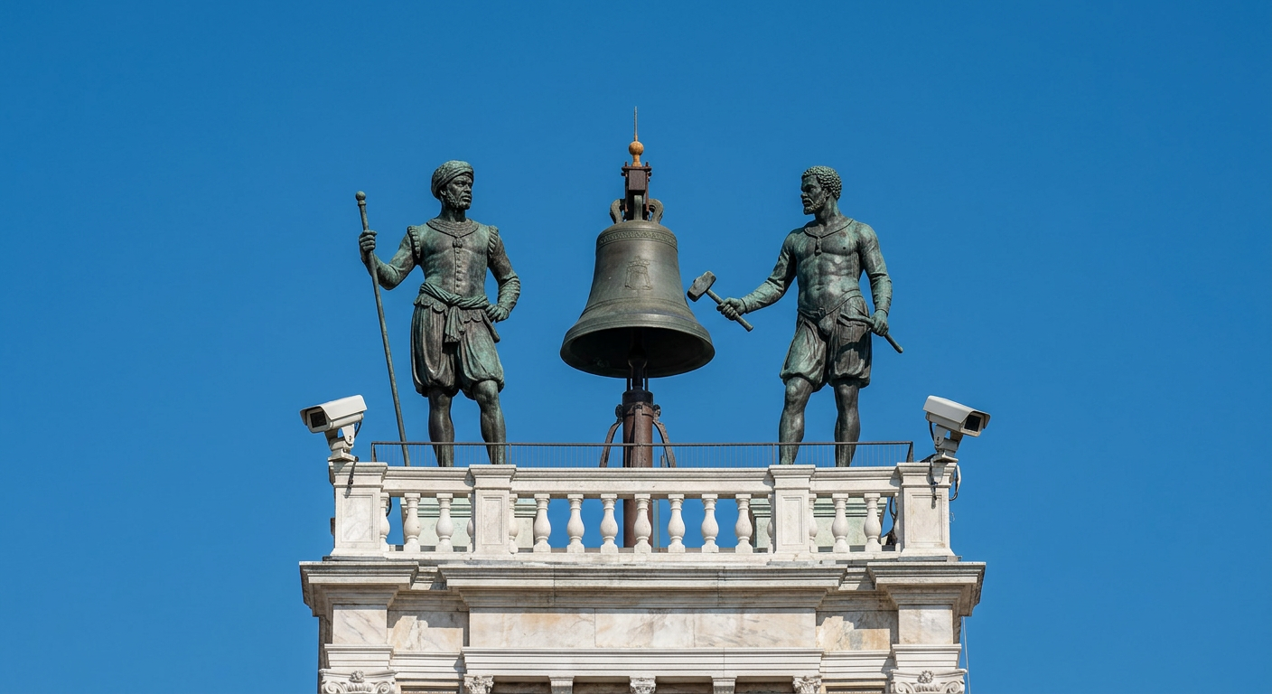image Estatuas de dos figuras históricas sosteniendo un bastón y un martillo, respectivamente, situadas sobre una campana, con un cielo azul de fondo.