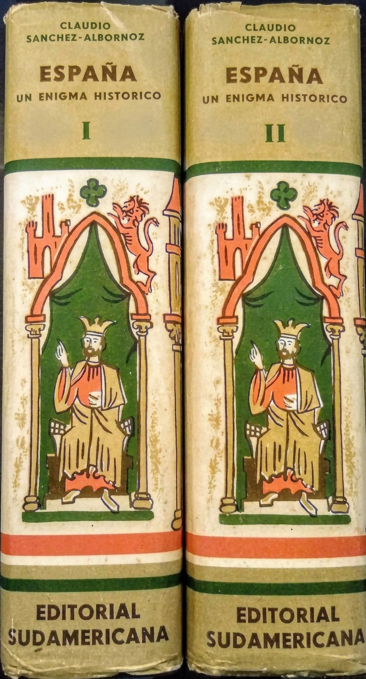 image Dos volúmenes del libro 'España un enigma histórico' de Claudio Sánchez-Albornoz, con decoración ilustrada de reyes en sus tronos.