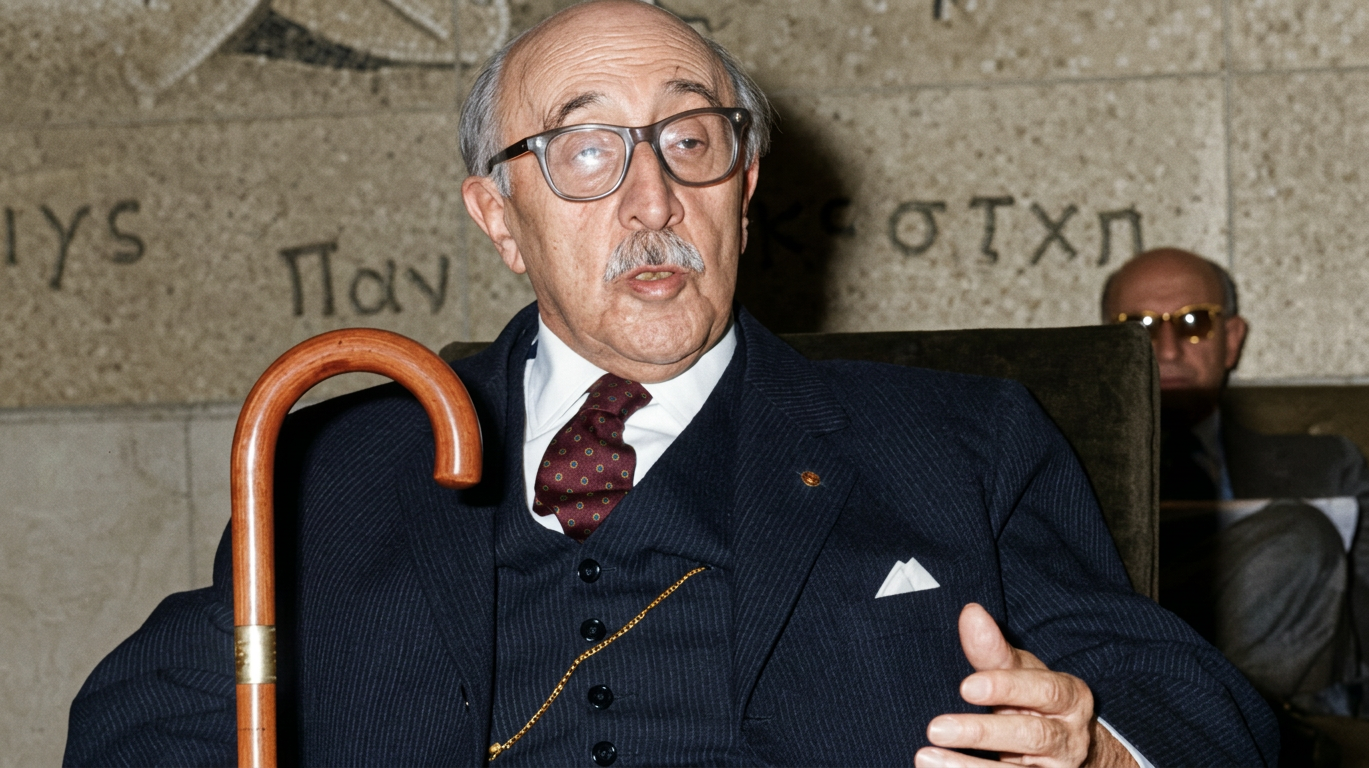 image Hombre mayor con gafas, vestido con un traje oscuro y corbata, habla mientras sostiene un bastón en una sala con paredes decoradas.