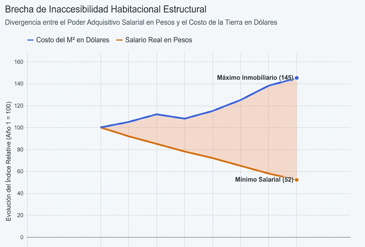 Brecha Gráfico que muestra la brecha de inaccesibilidad habitacional estructural, comparando el costo del metro cuadrado en dólares y el salario real en pesos a lo largo del tiempo.