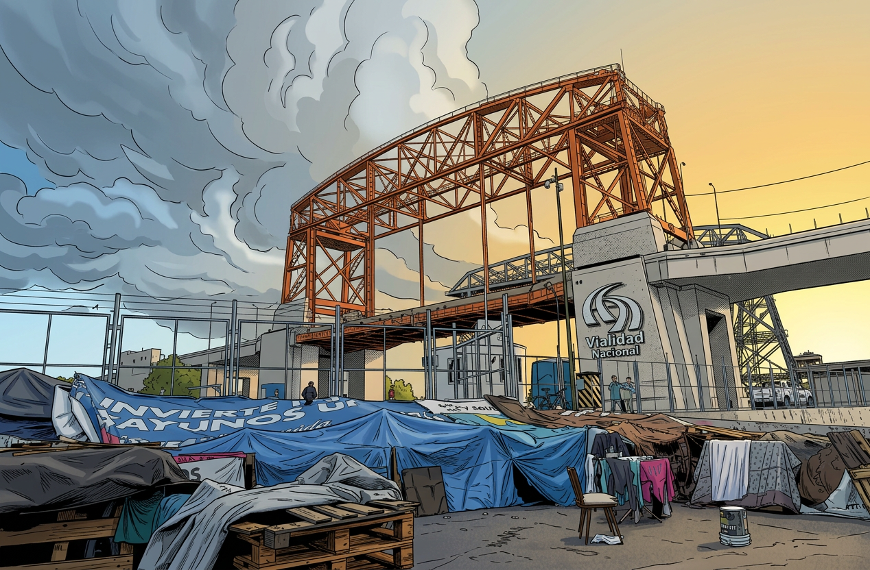 image Vista de una estructura de puente anaranjado al atardecer, con tiendas de campaña y ropa colgada en primer plano.