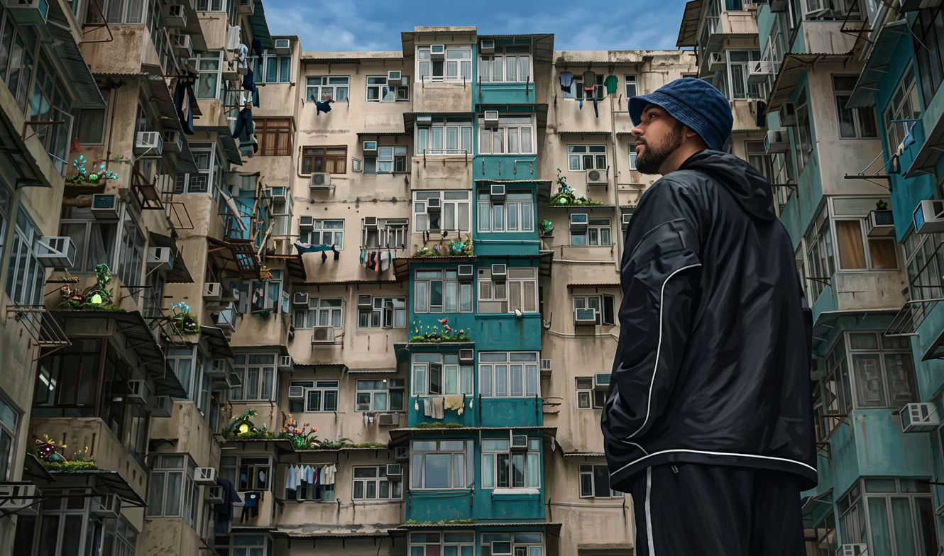 image Un hombre de pie frente a un edificio de apartamentos con muchas ventanas y ropa colgada, en un entorno urbano.