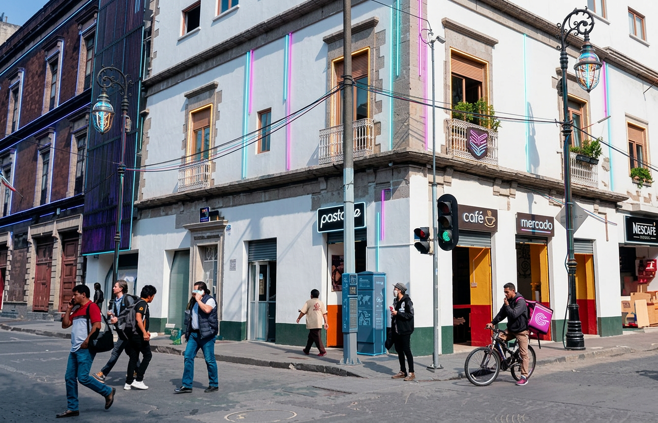 image Una calle con edificios coloridos, donde varias personas caminan, algunos usando mascarillas, y un ciclista pasa al lado. Se observan tiendas y un semáforo en la esquina.