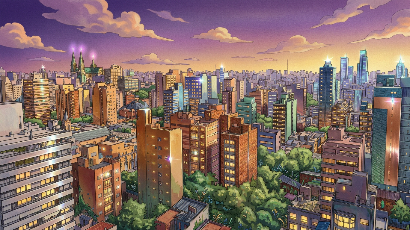image Vista panorámica de una ciudad moderna al atardecer, con edificios altos y nubes en el cielo. Se pueden ver detalles arquitectónicos y áreas verdes entre los edificios.
