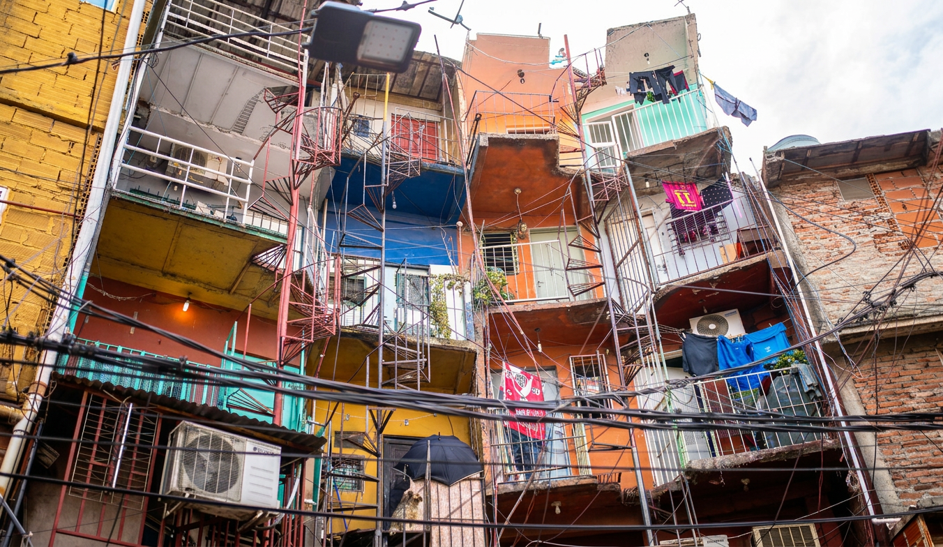 Trag Vista de un edificio de departamentos con diferentes balcones, ropa colgada y cables eléctricos visibles.
