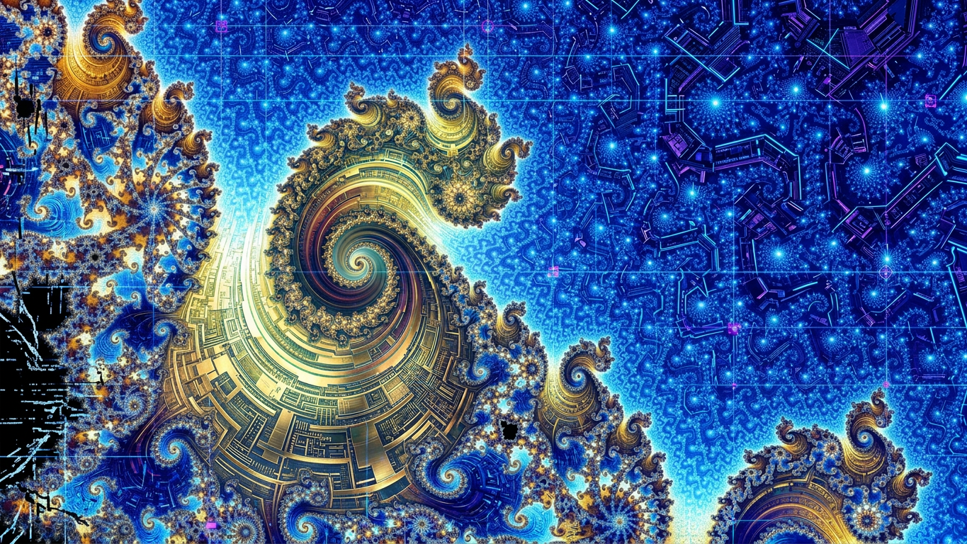 alucinaciones Fractal abstract artwork con patrones en espiral en tonos dorados y azules, con un fondo de estrellas brillantes.