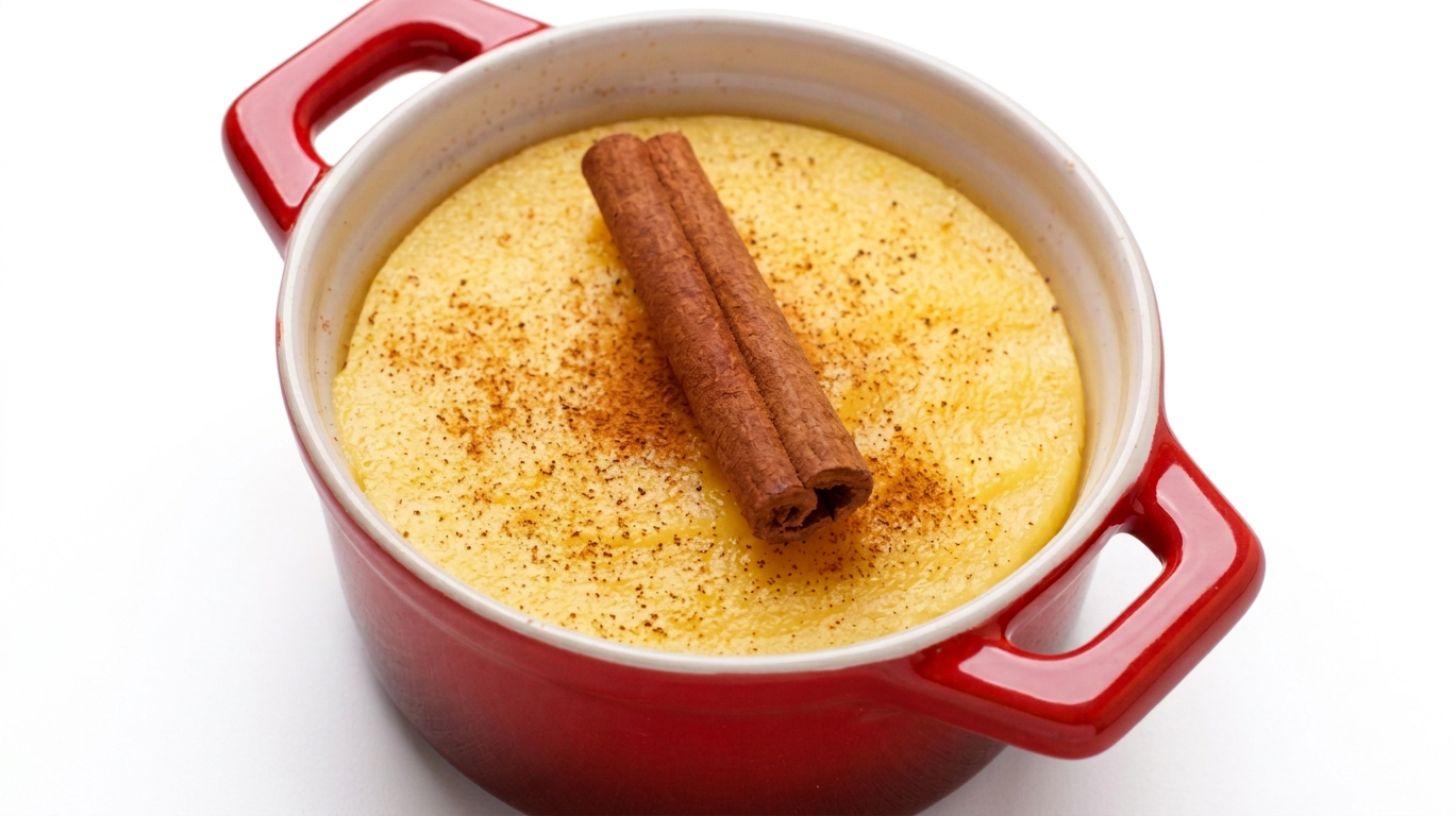 natillas Postre cremoso en un recipiente rojo, decorado con canela en rama y espolvoreado con canela en polvo.