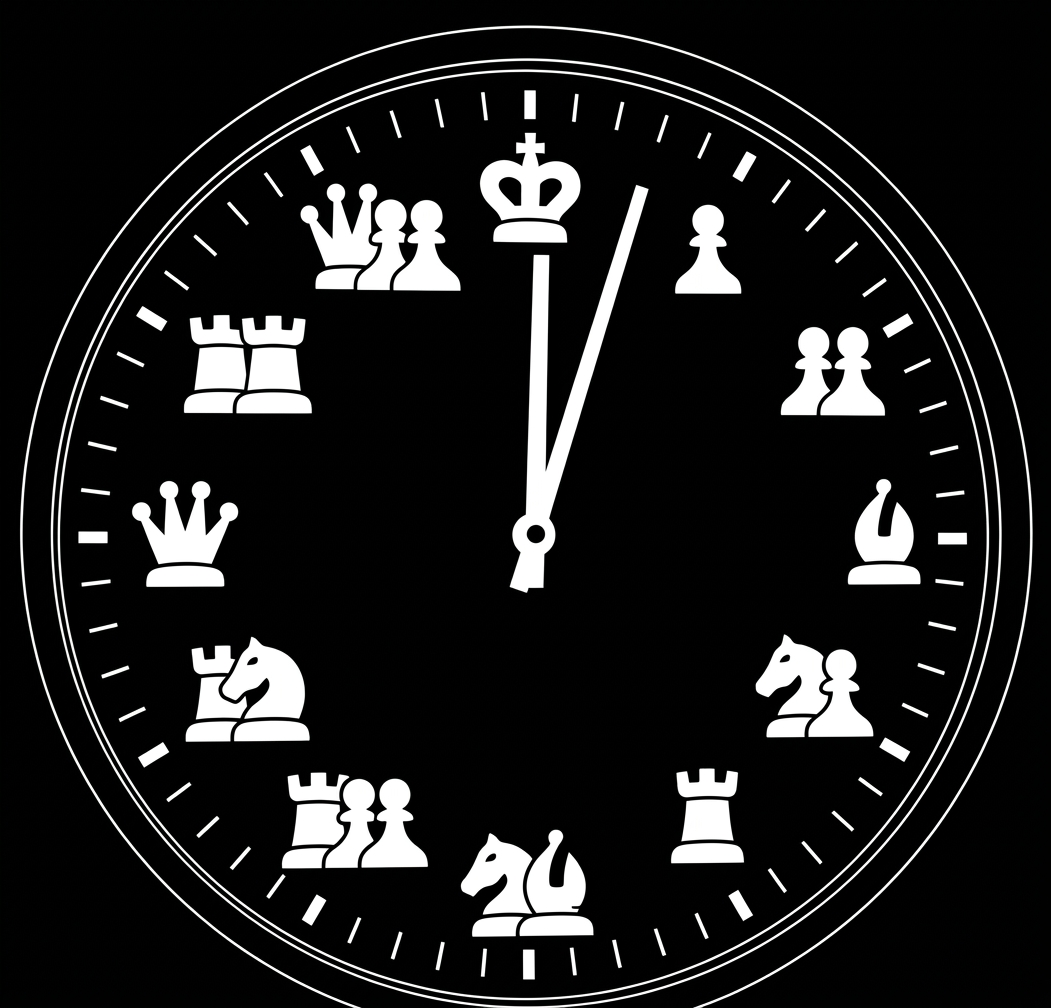 image Reloj con un fondo negro y figuras de ajedrez en la carátula, donde las piezas están dispuestas en los marcadores de la hora.