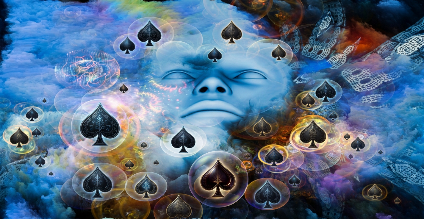 alucinaciones Ilustración surrealista con un rostro humano etéreo y símbolos de picas flotando sobre un fondo de nubes de colores.
