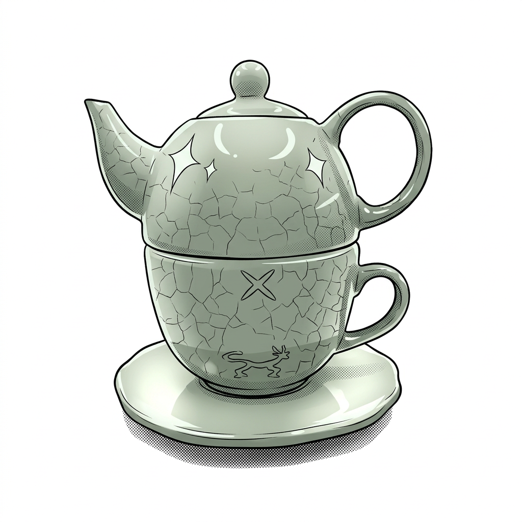 te Tetera de cerámica de color verde claro con un diseño agrietado, acompañada de una taza y un plato.