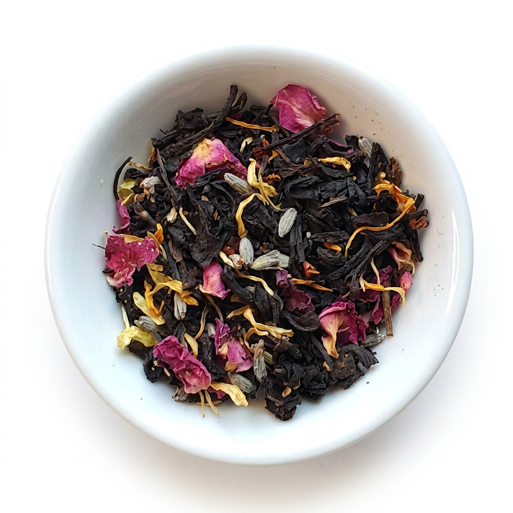tes Té seco en un tazón blanco, con hojas oscuras y pétalos de flores de colores como rosa y amarillo.