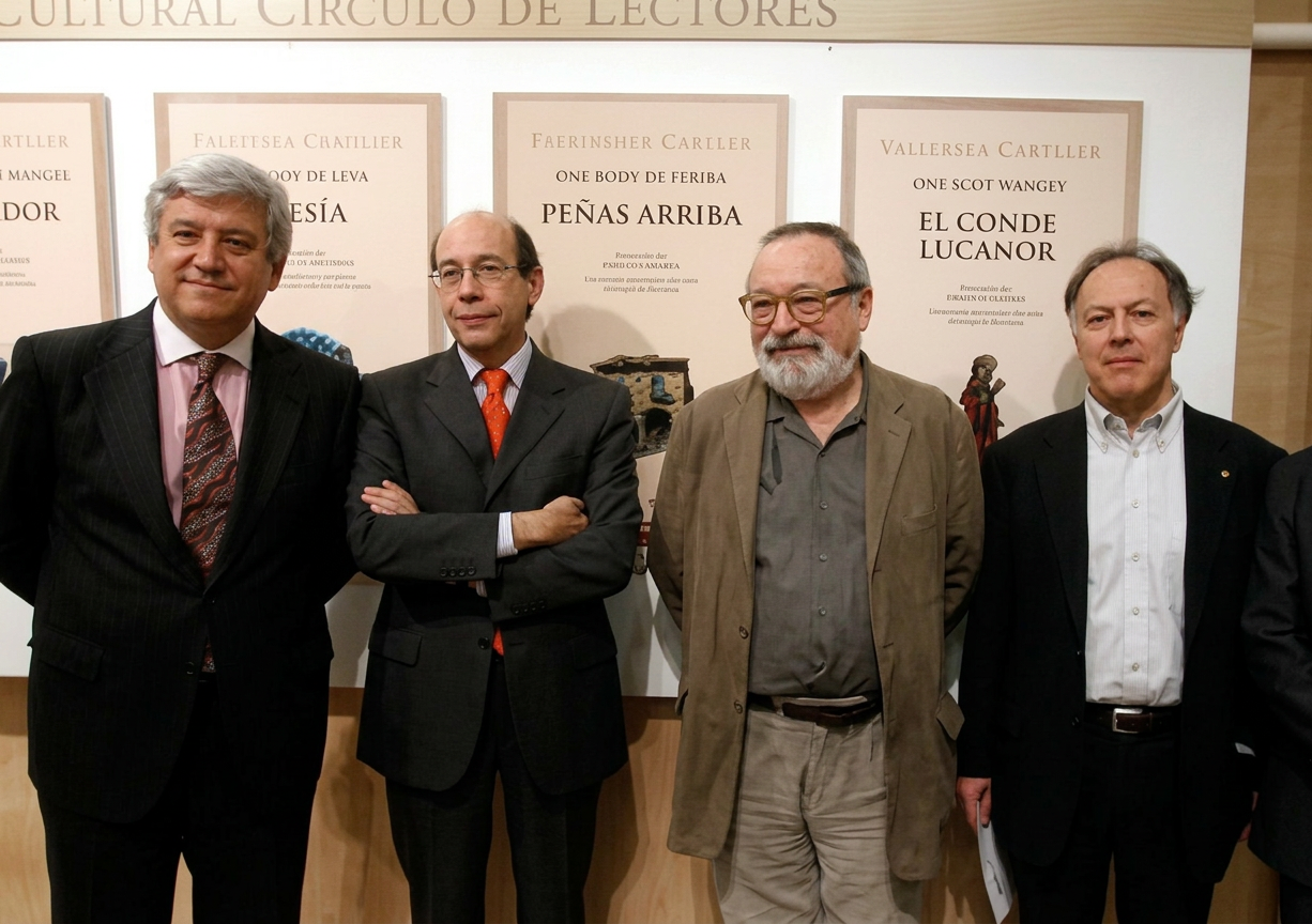 image Cuatro hombres de pie frente a un fondo con carteles en un evento cultural, cada uno vistiendo trajes formales.