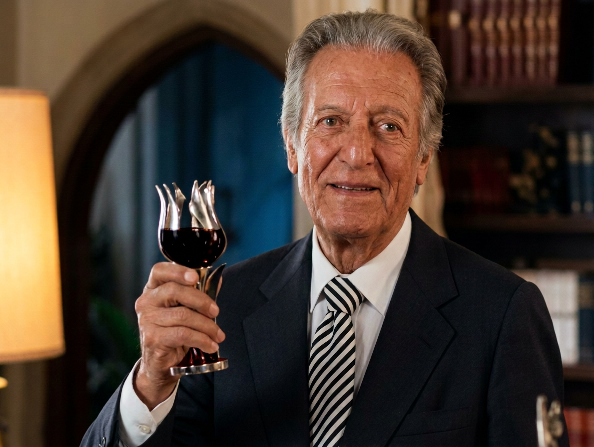 image Hombre sonriente sosteniendo un trofeo en forma de copa con una bebida roja, vestido con traje oscuro y corbata de rayas, en un entorno interior elegante.