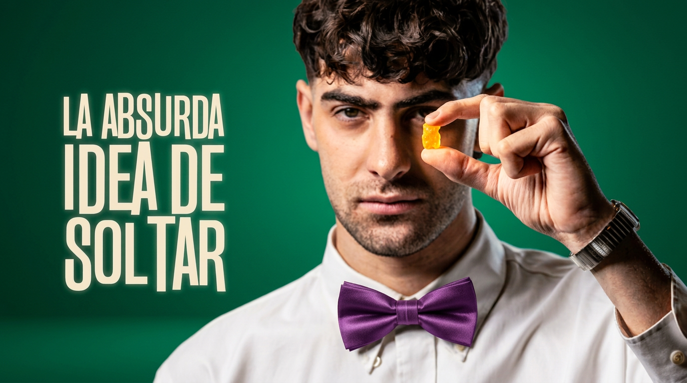 Absidea Hombre con pajarita morada sosteniendo una gomita amarilla frente a un fondo verde, con texto que dice 'La absurda idea de soltar'.