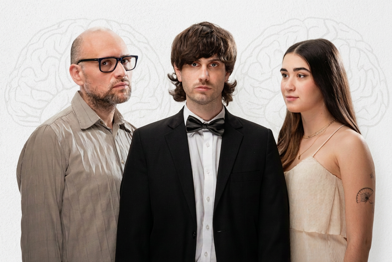 image Tres personas posando frente a un fondo blanco con ilustraciones de cerebros, una de ellas vestida con un esmoquin negro, mientras que las otras dos llevan atuendos más casuales.