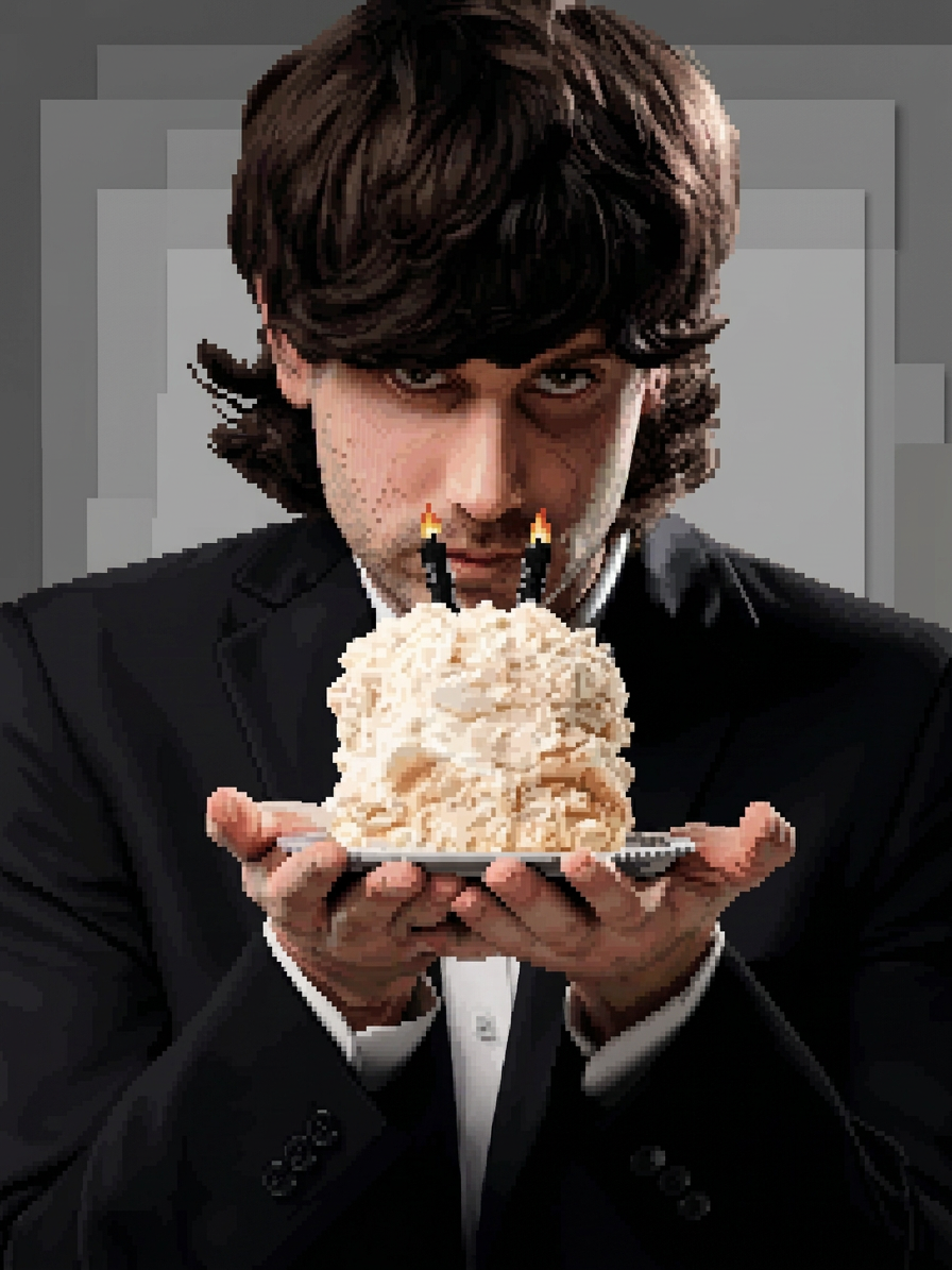 image Hombre con traje negro sosteniendo un pastel con velas encendidas en un plato.