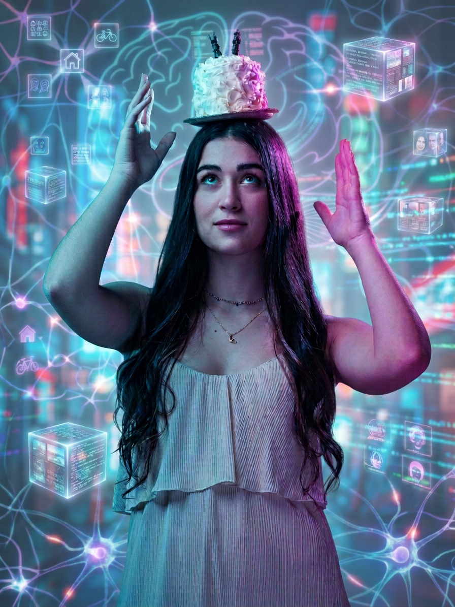 image Una joven con un vestido claro sostiene un pastel en la cabeza mientras tiene una expresión pensativa, rodeada de imágenes holográficas en tonos azules y morados que representan datos y conexiones.