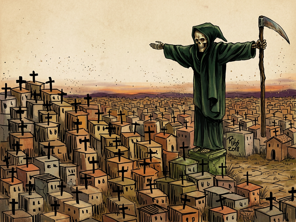 image Ilustración de la Muerte en un cementerio, de pie sobre una base, con brazos extendidos y una guadaña, rodeada de lápidas y cruces.
