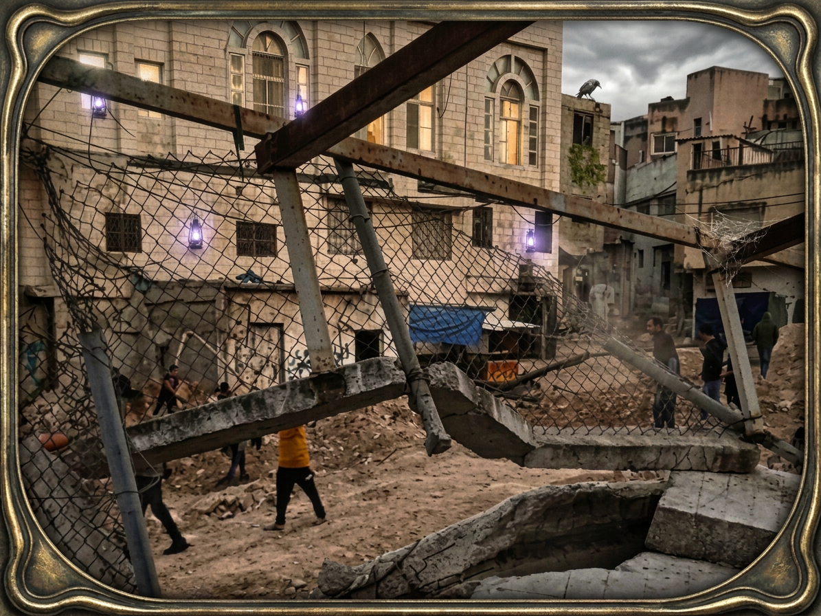 image Una escena urbana mostrando una estructura dañada, con una valla de alambre y faroles, y personas caminando entre escombros.