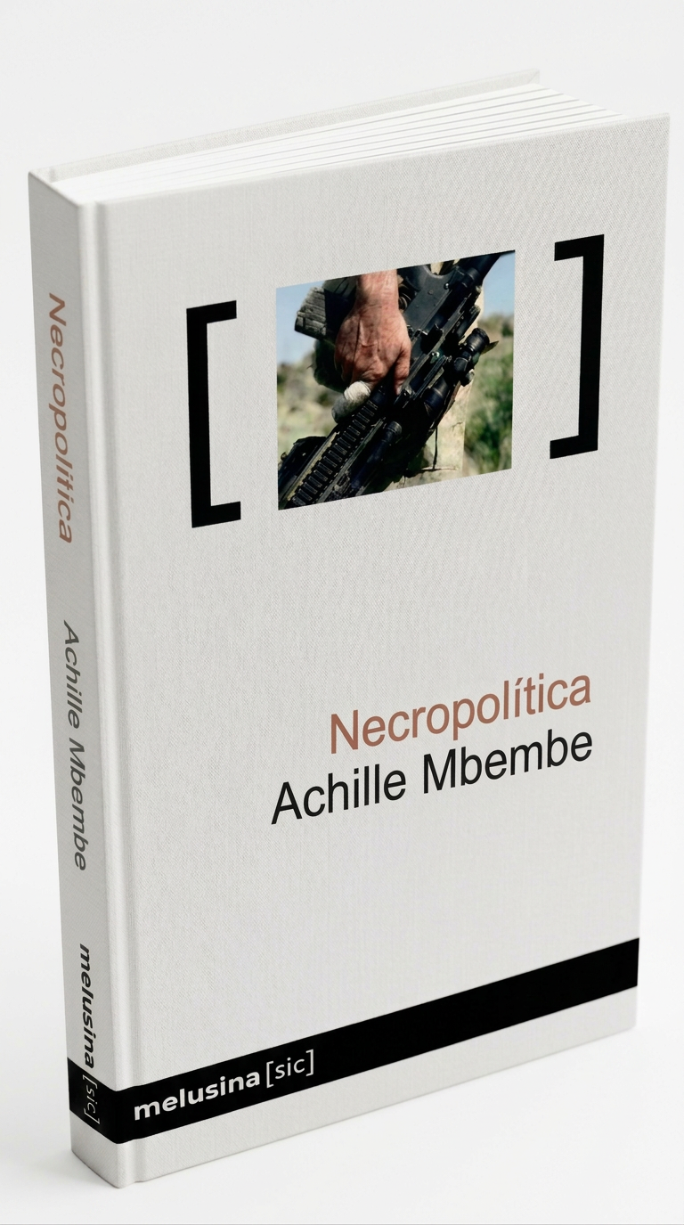 image Libro titulado 'Necropolítica' de Achille Mbembe, con una imagen de un brazo sosteniendo un arma en la portada.