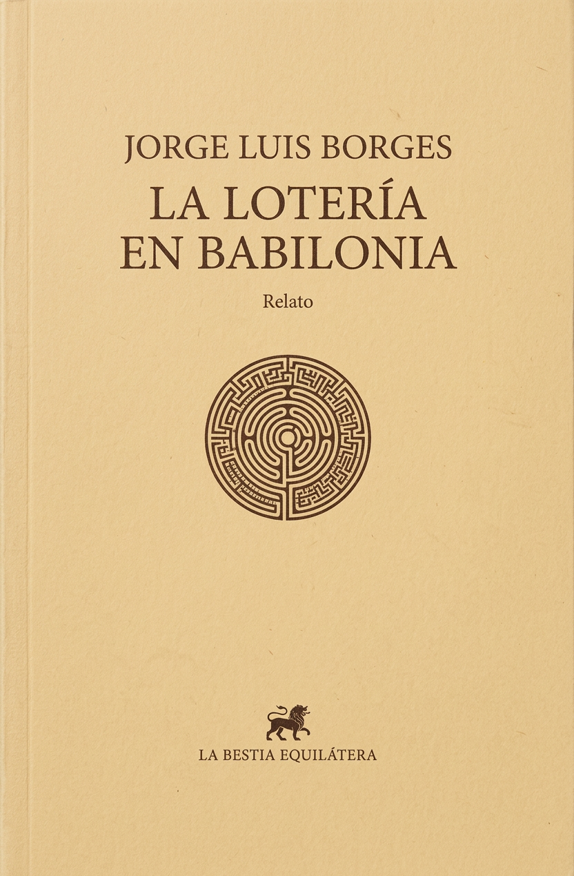 image Portada del libro 'La lotería en Babilonia' de Jorge Luis Borges, con un diseño simple y un laberinto en el centro.