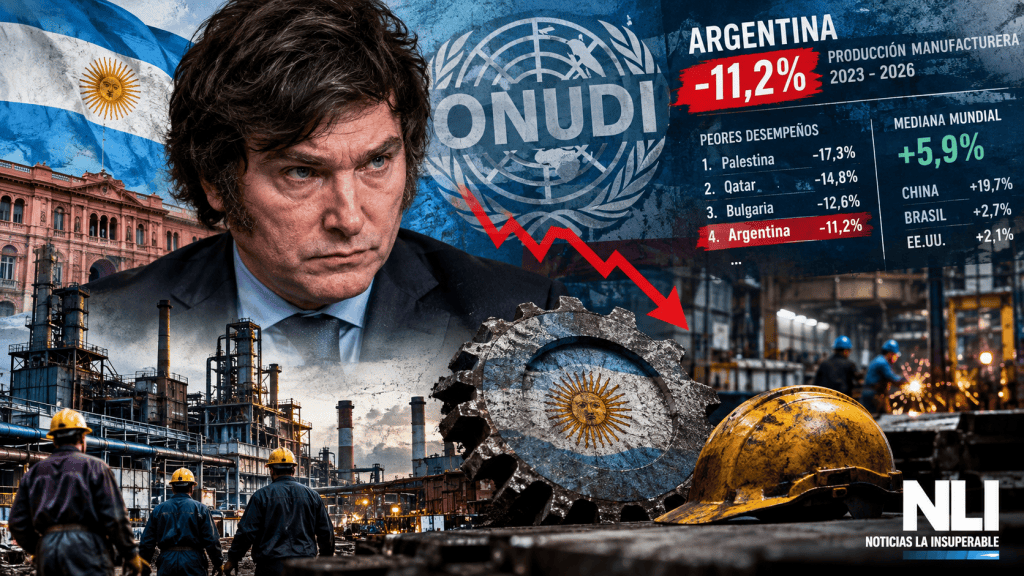 Imagen que muestra un gráfico sobre la producción manufacturera de Argentina entre 2023 y 2026, destacando una caída del -11,2%. Incluye el logo de la ONUDI y una comparación con otros países, además de una representación de trabajadores en una fábrica.