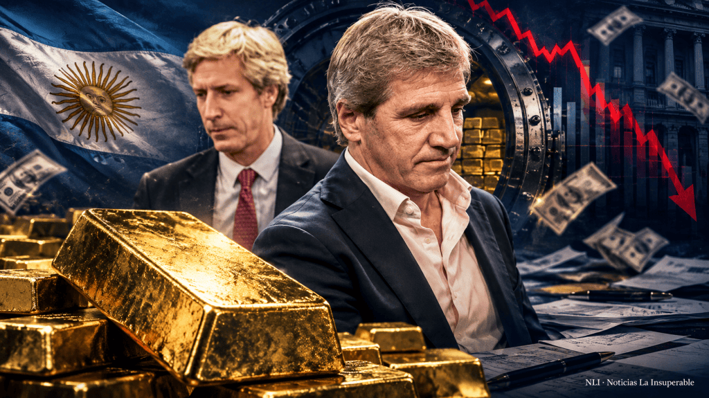 Dos hombres de negocios contemplan la crisis económica en Argentina, con lingotes de oro y un gráfico de caída en el fondo, junto a la bandera argentina.