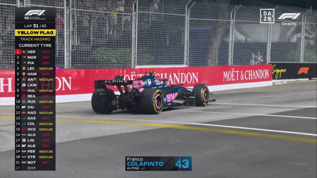 Imagen de un auto de Fórmula 1 de la escudería Alpine, con la bandera amarilla en la pista y la clasificación de pilotos en la pantalla.