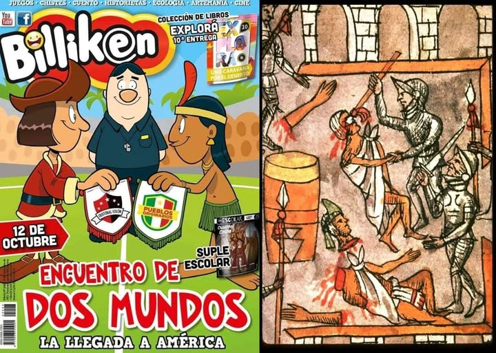 Portada de la revista Billiken mostrando el título 'Encuentro de Dos Mundos' y personajes indígenas intercambiando saludos.