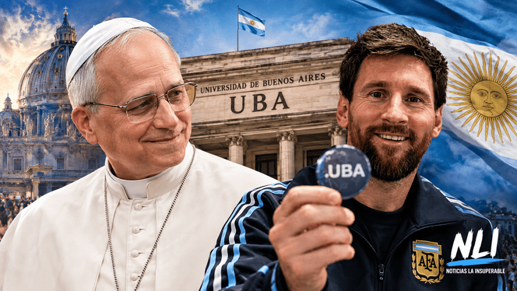 El Papa y Lionel Messi posan frente a la Universidad de Buenos Aires, con banderas argentinas y el Vaticano de fondo.