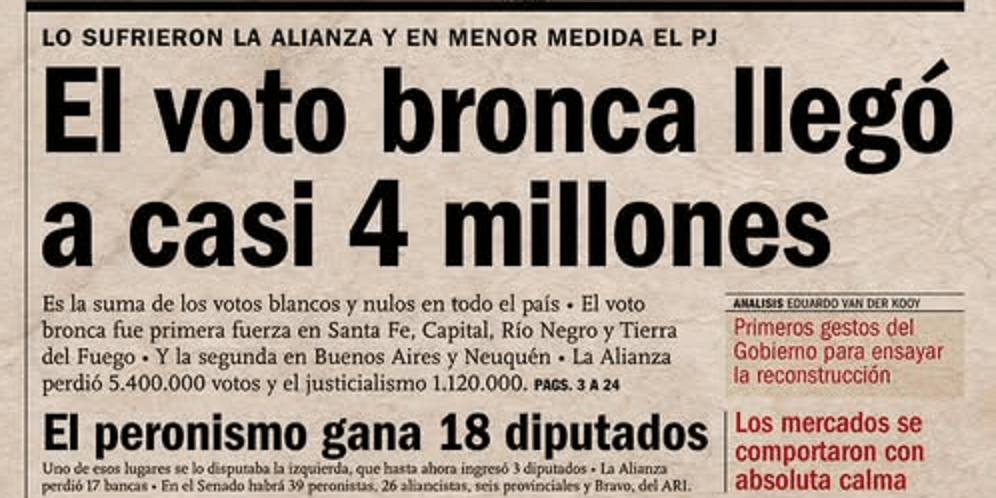 Portada de un periódico en español con titulares sobre elecciones y resultados de votación en Argentina, destacando el voto en blanco y nulo, así como la cantidad de diputados ganados por el peronismo.
